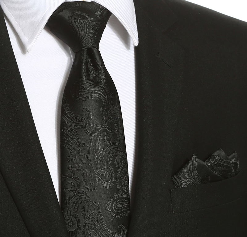 KissTies Mens Black Tie Set: Paisley Necktie + Pocket Square - Image 3